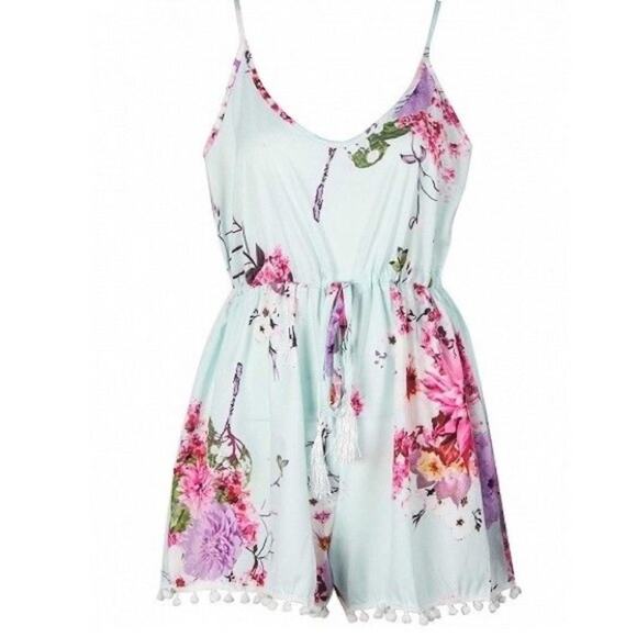 Shein Light Blue Floral Romper Pom Pom Fringe Small Coquette - Picture 6 of 7